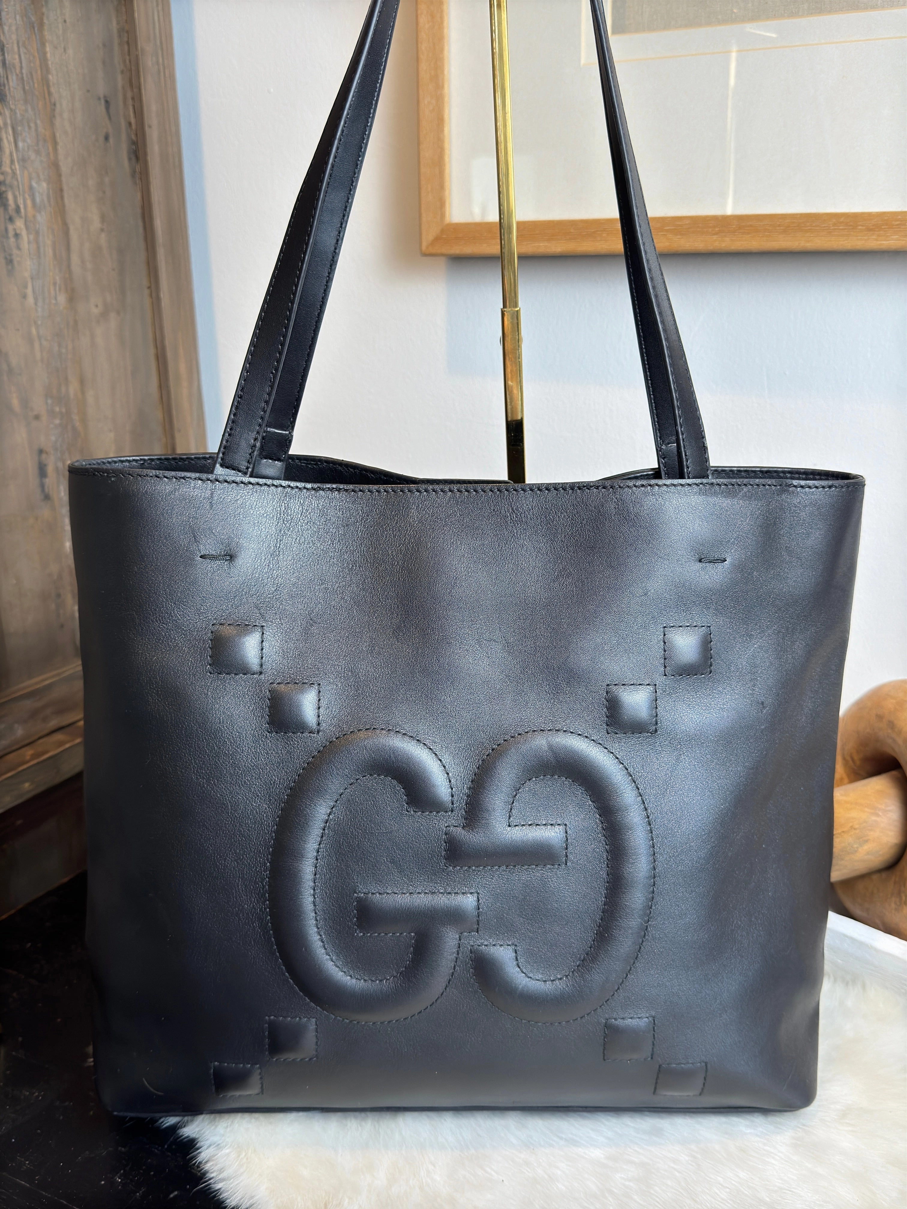 GUCCI Apollo Calfskin GG Dadini Embroidered Black Shoulder Tote