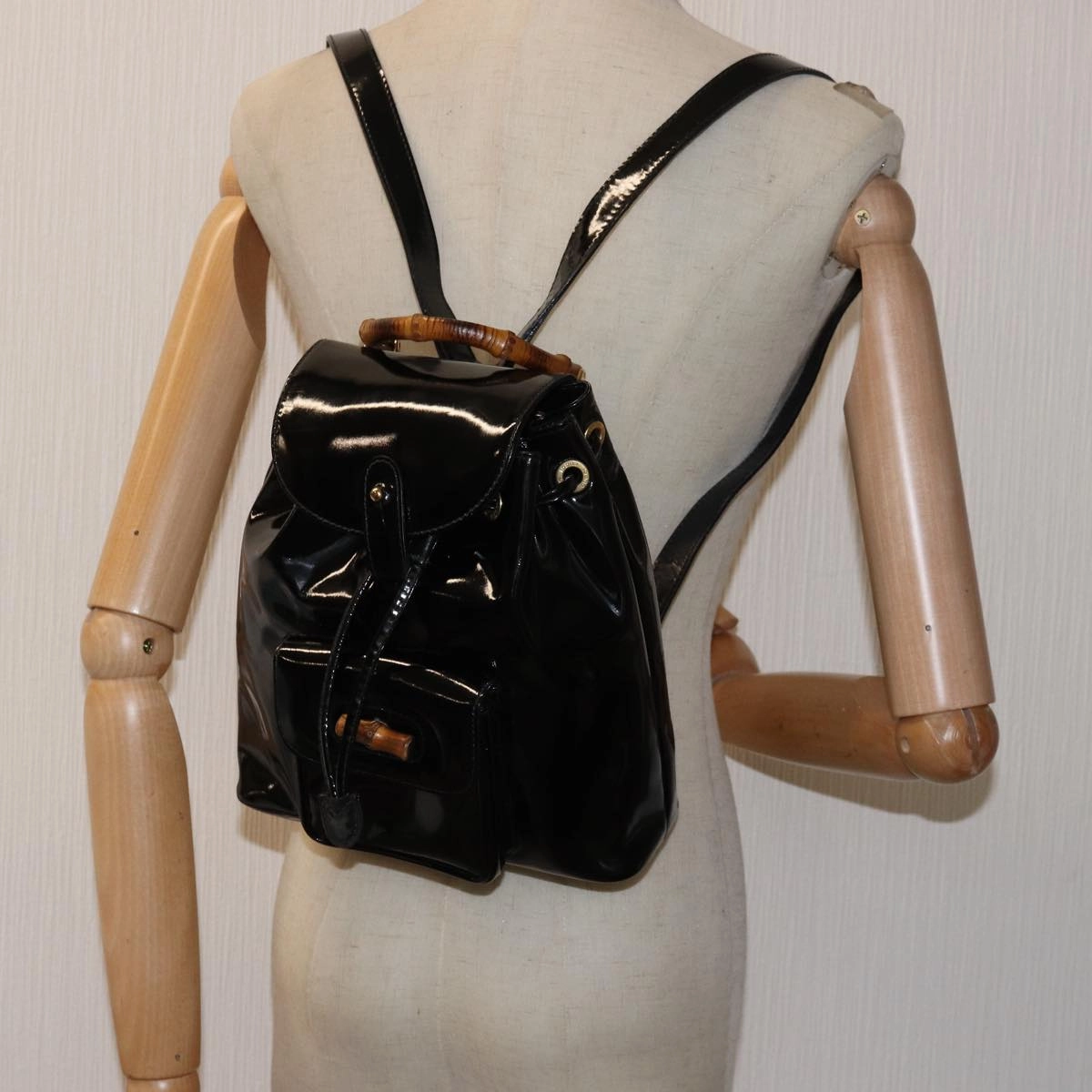 GUCCI Bamboo Backpack Patent leather Black 003 2058 0030  ep4556
