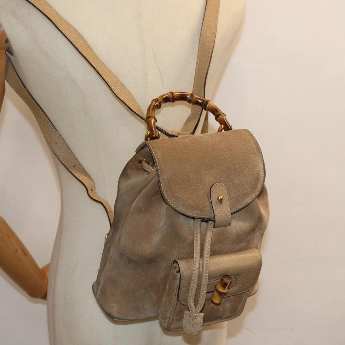 GUCCI Bamboo Backpack Suede Leather Beige 003 1705 0030  81152