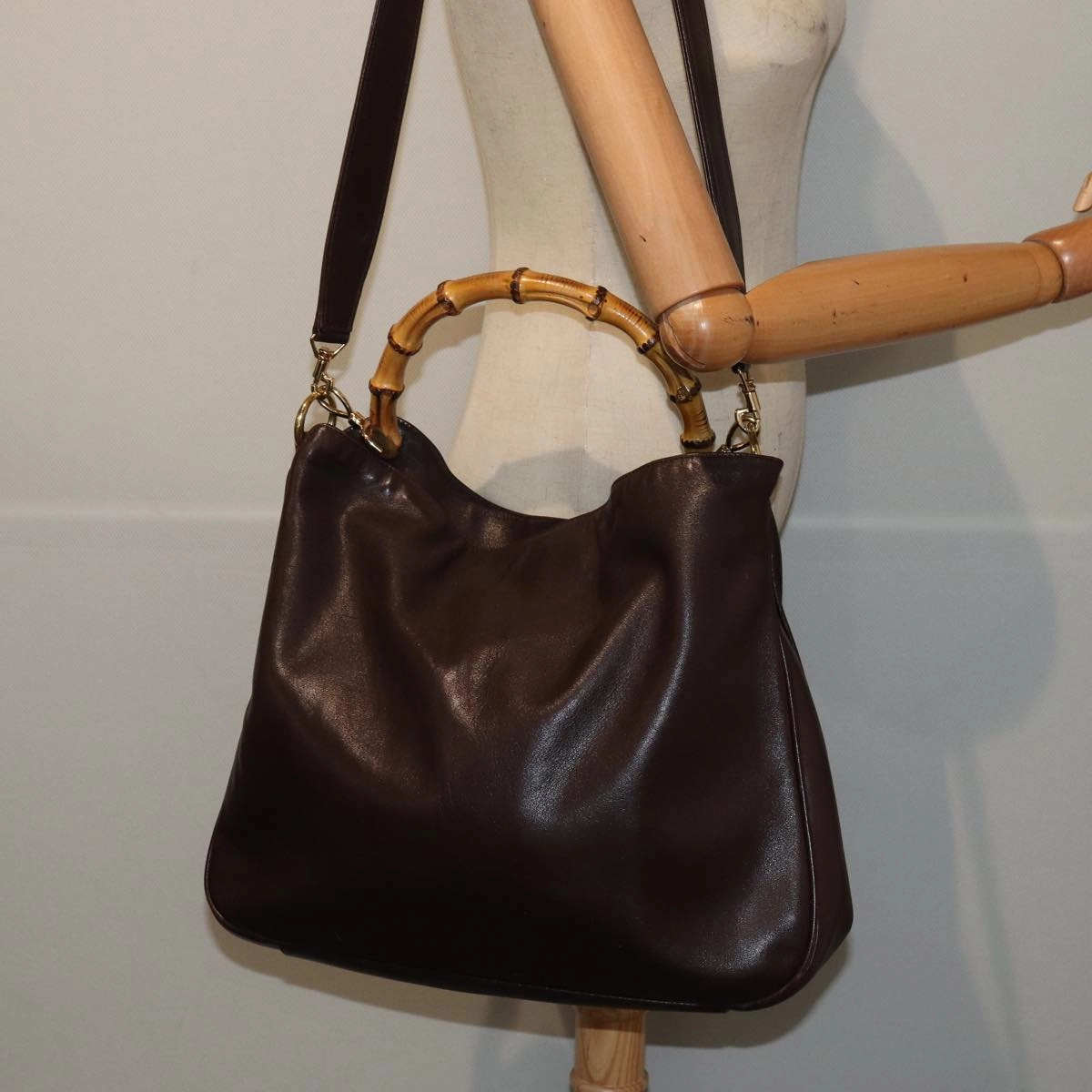 GUCCI Bamboo Shoulder Bag Leather 2way Brown 001 2123 1577  80117