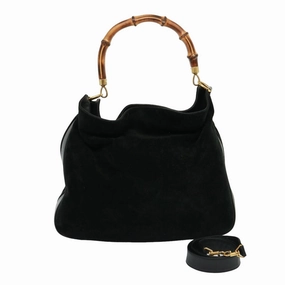 GUCCI Bamboo Shoulder Bag Leather Suede 2way Black 001 1014 1577  78086