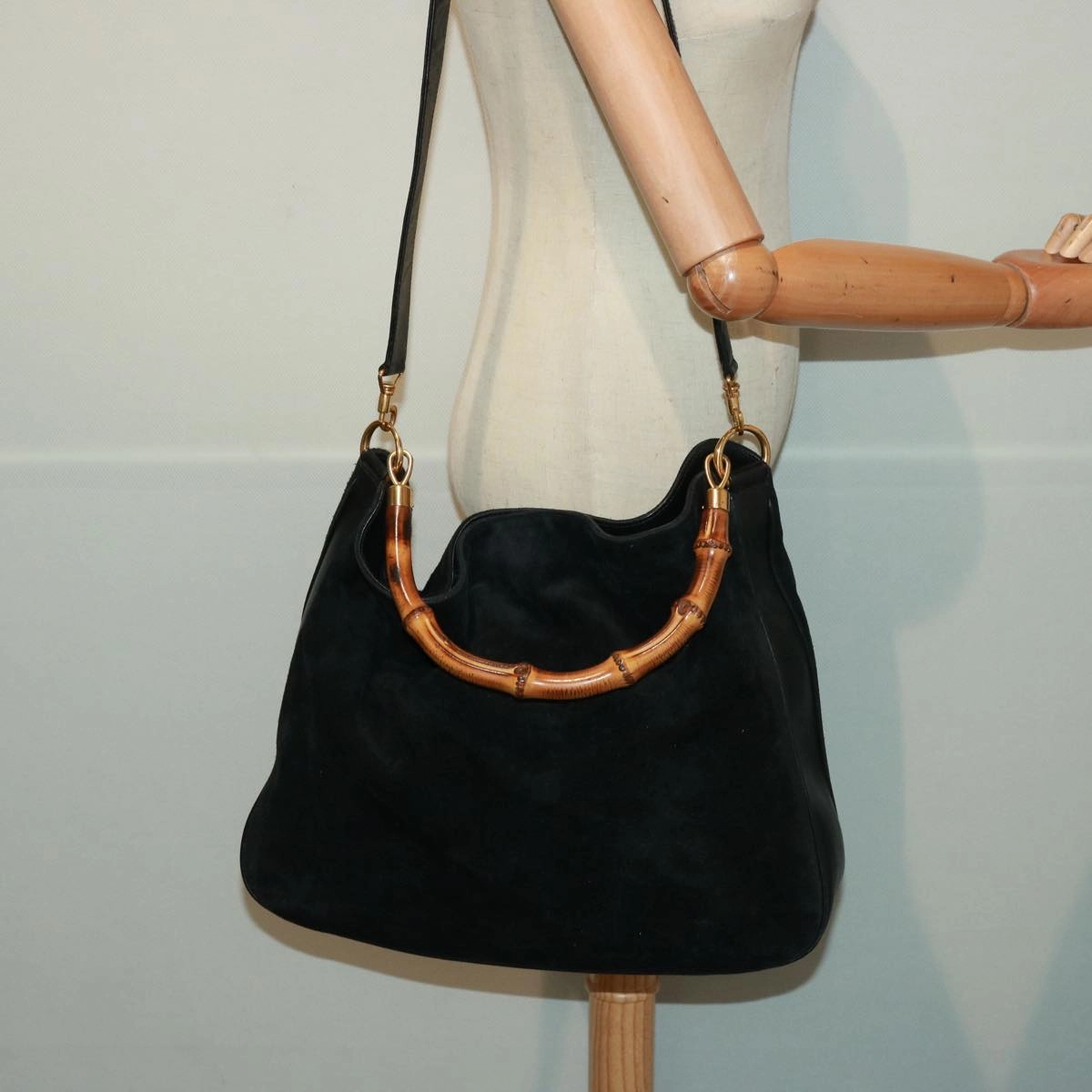 GUCCI Bamboo Shoulder Bag Leather Suede 2way Black 001 1014 1577  78086