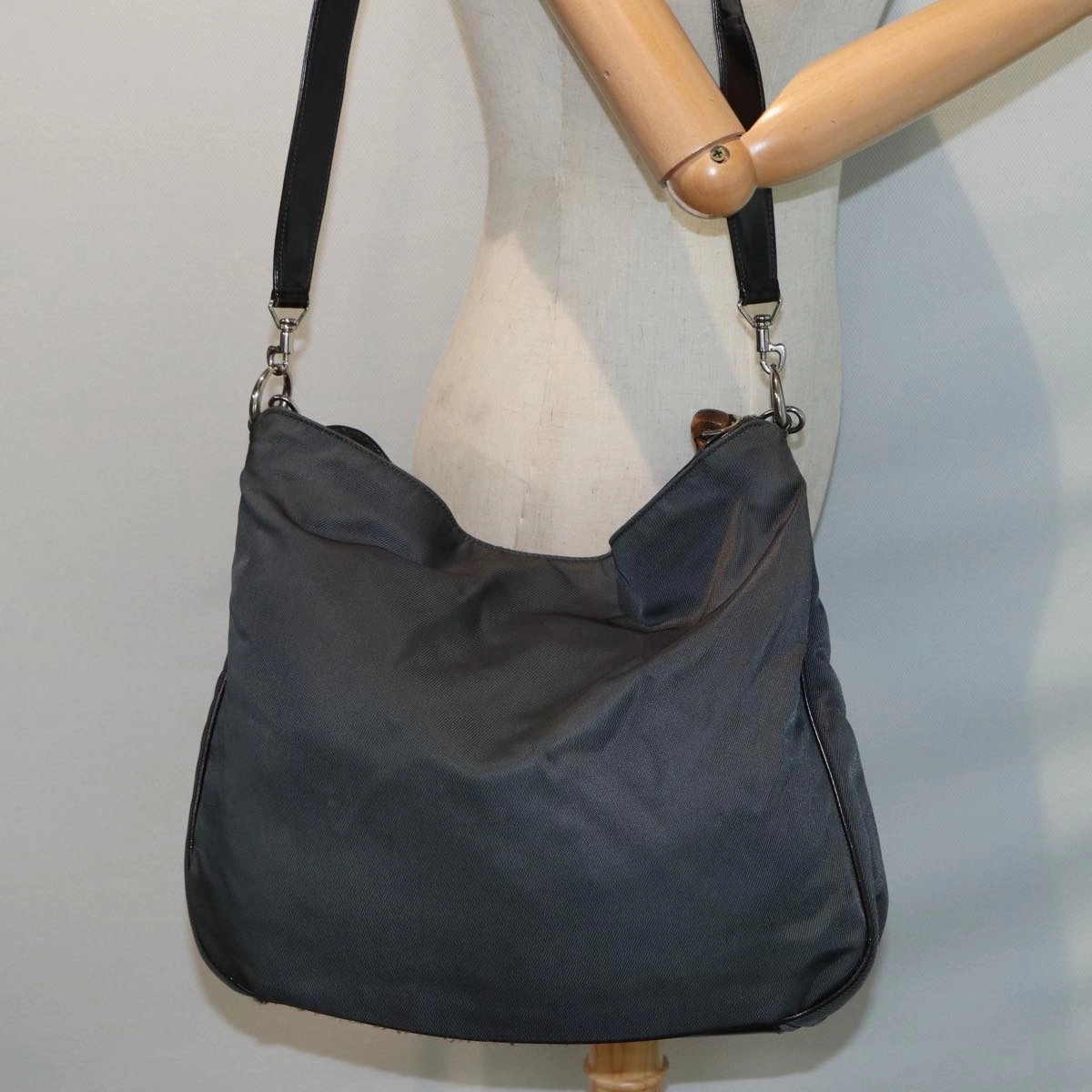 GUCCI Bamboo Shoulder Bag Nylon 2way Gray 001 3754 1577  80826