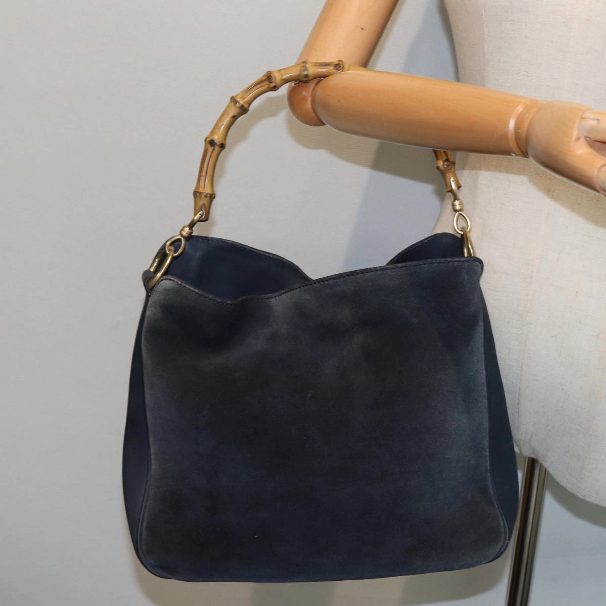 GUCCI Bamboo Shoulder Bag Suede Black 001 1638 2615  80843