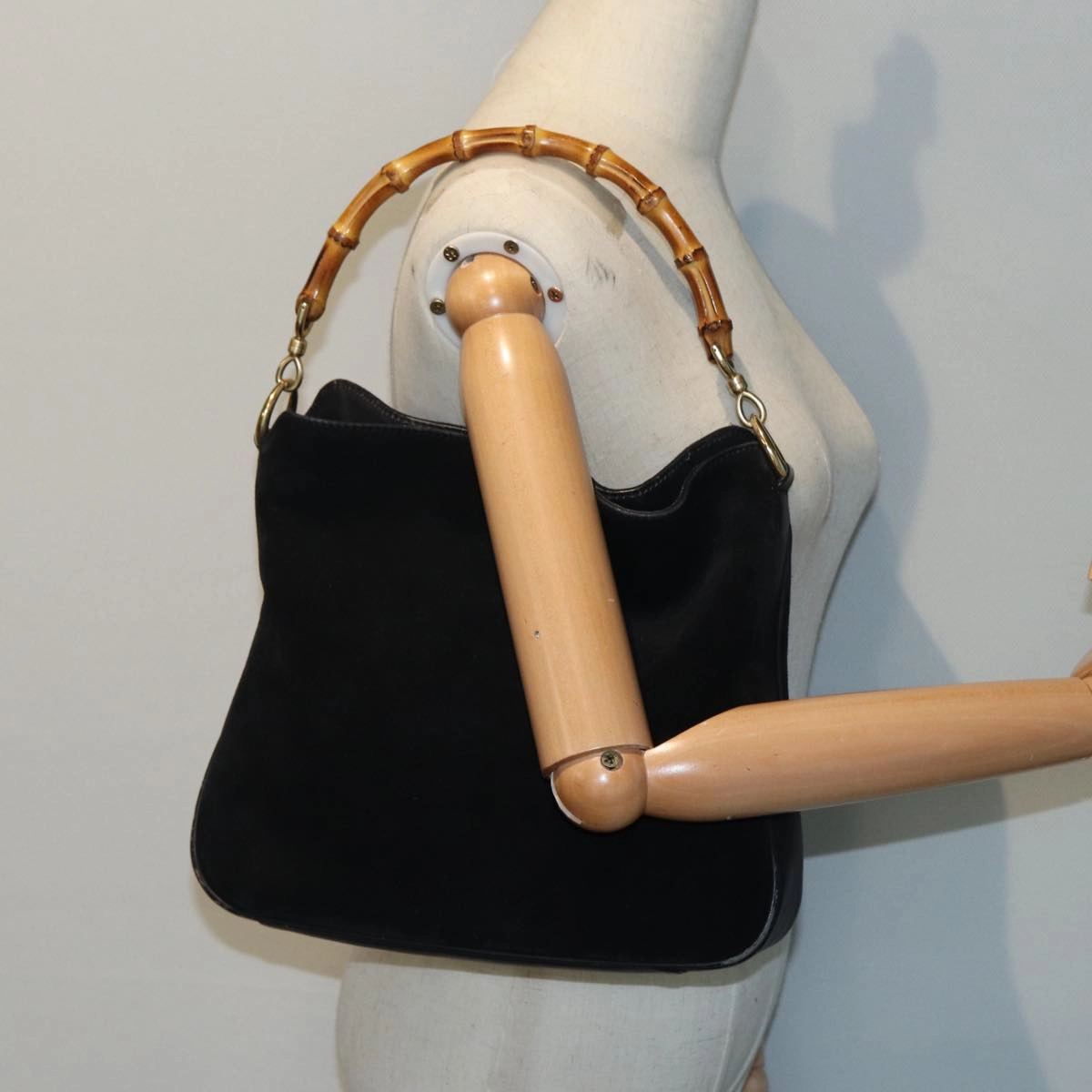 GUCCI Bamboo Shoulder Bag Suede Black 001 2404 1638  83939
