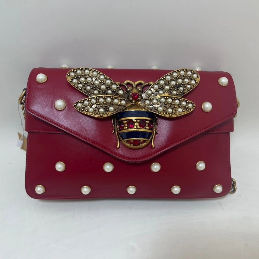 Gucci Bee-Inspired Crossbody Bag Red Leather Shoulder Bag