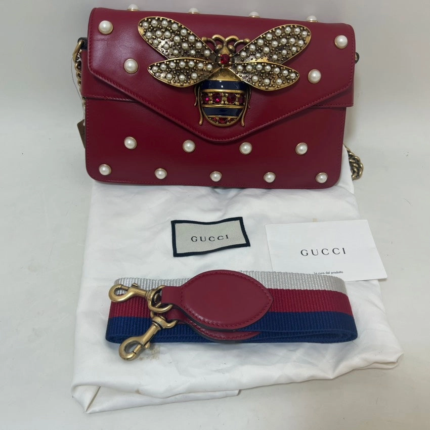 Gucci Bee-Inspired Crossbody Bag Red Leather Shoulder Bag