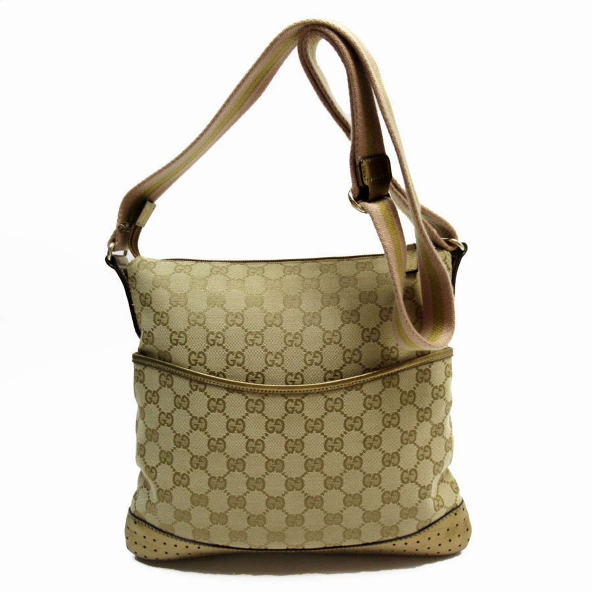 Gucci Beige Gold Pink Canvas Shoulder Bag ()