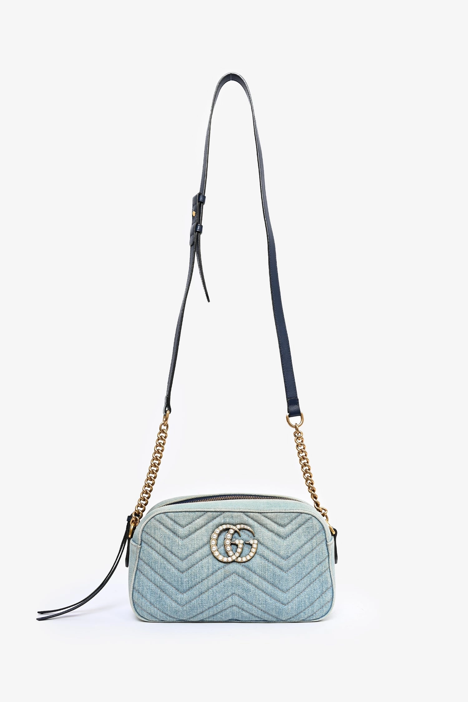 Gucci Blue Denim Pearly GG Small Marmont Camera Bag