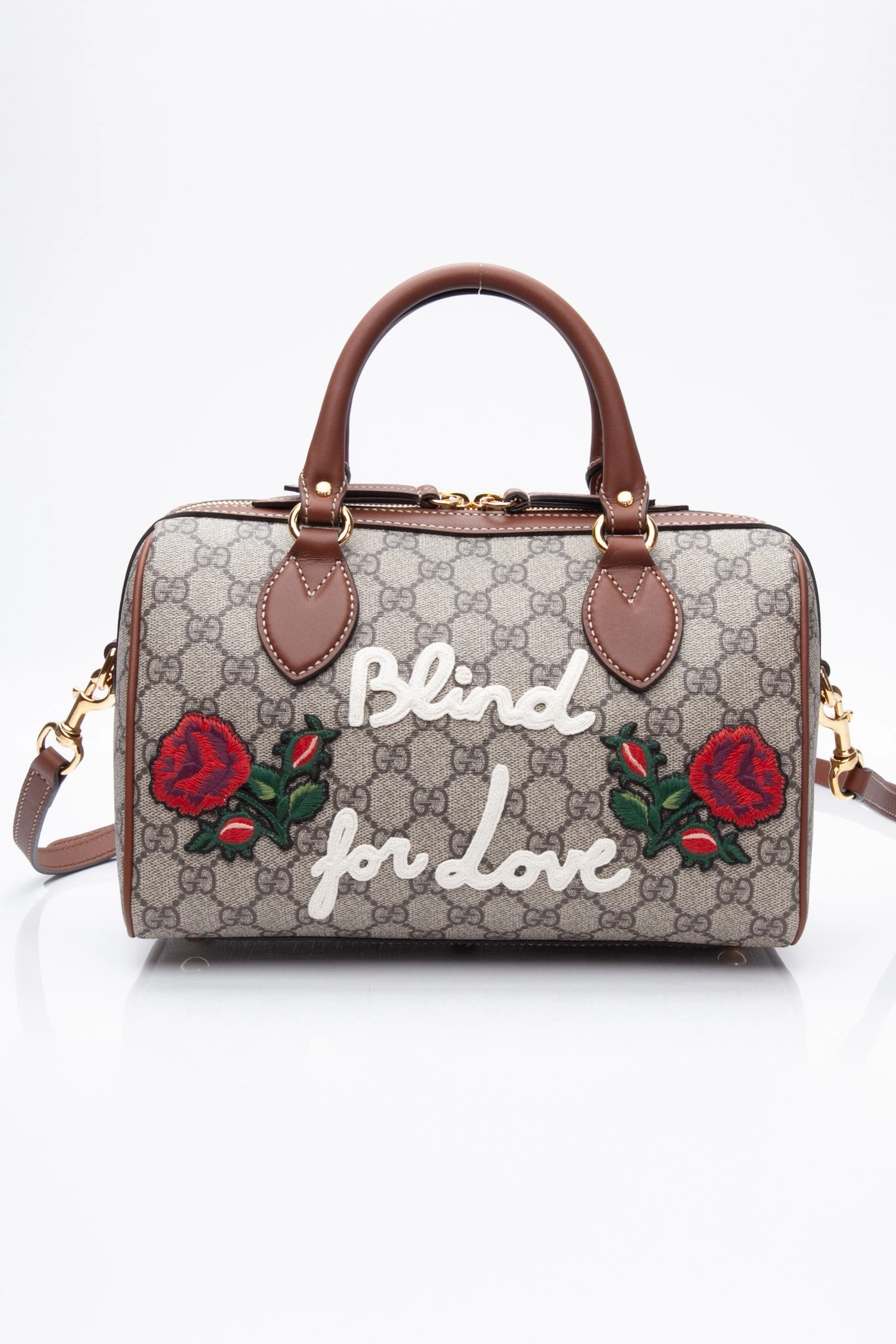 GUCCI Brown GG Canvas Boston Rose Embroidered Print Blind For Love Shoulder/Crossbody Bag