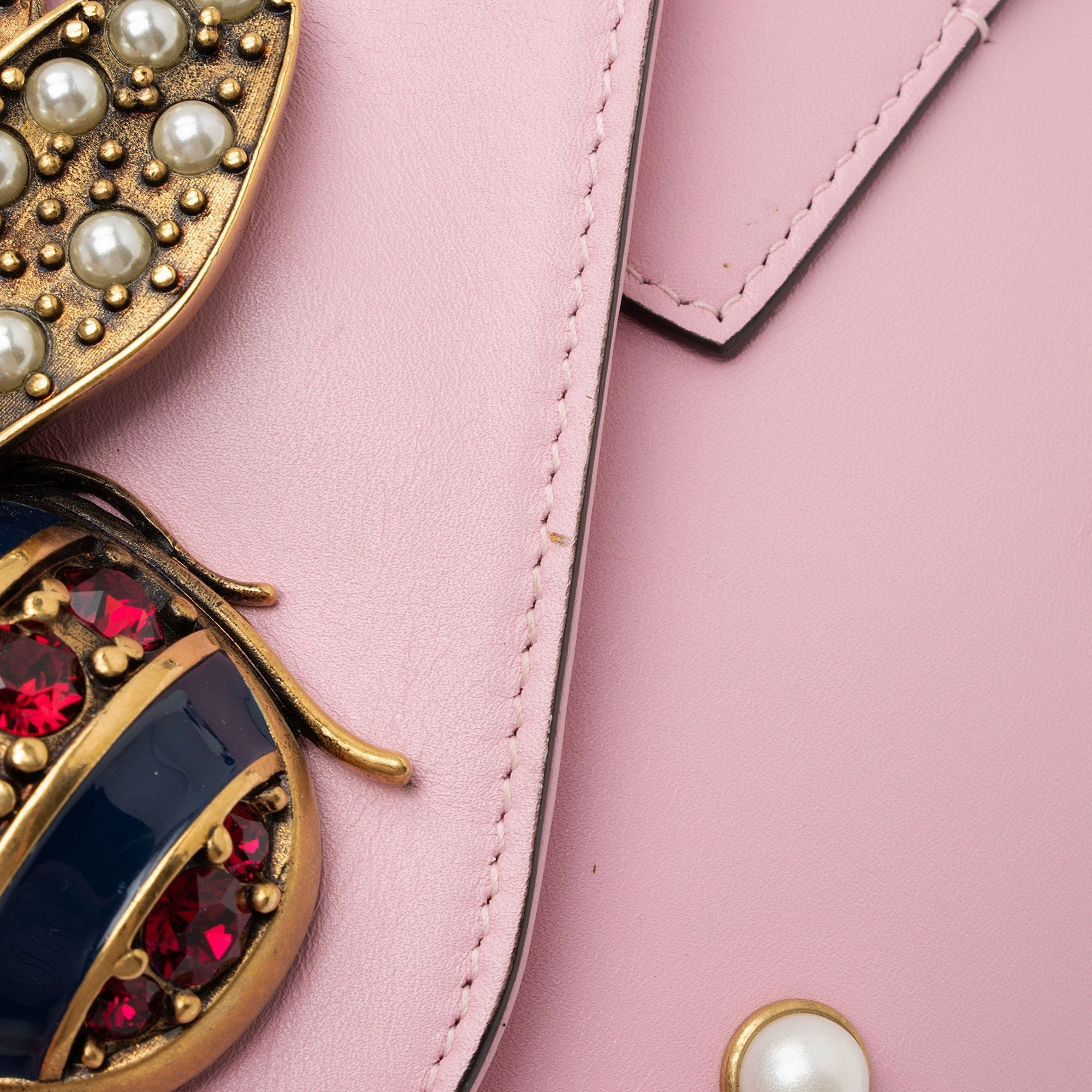 Gucci Calfskin Pearl Bee Broadway Mini Shoulder Bag (SHF-11dMr1)