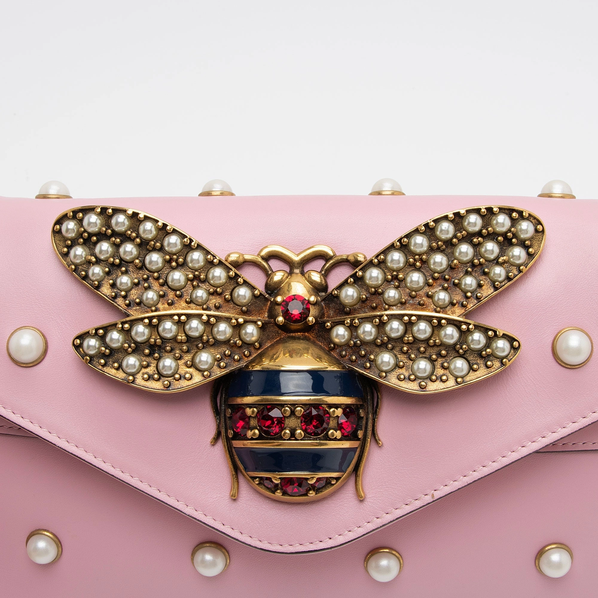 Gucci Calfskin Pearl Bee Broadway Mini Shoulder Bag (SHF-11dMr1)