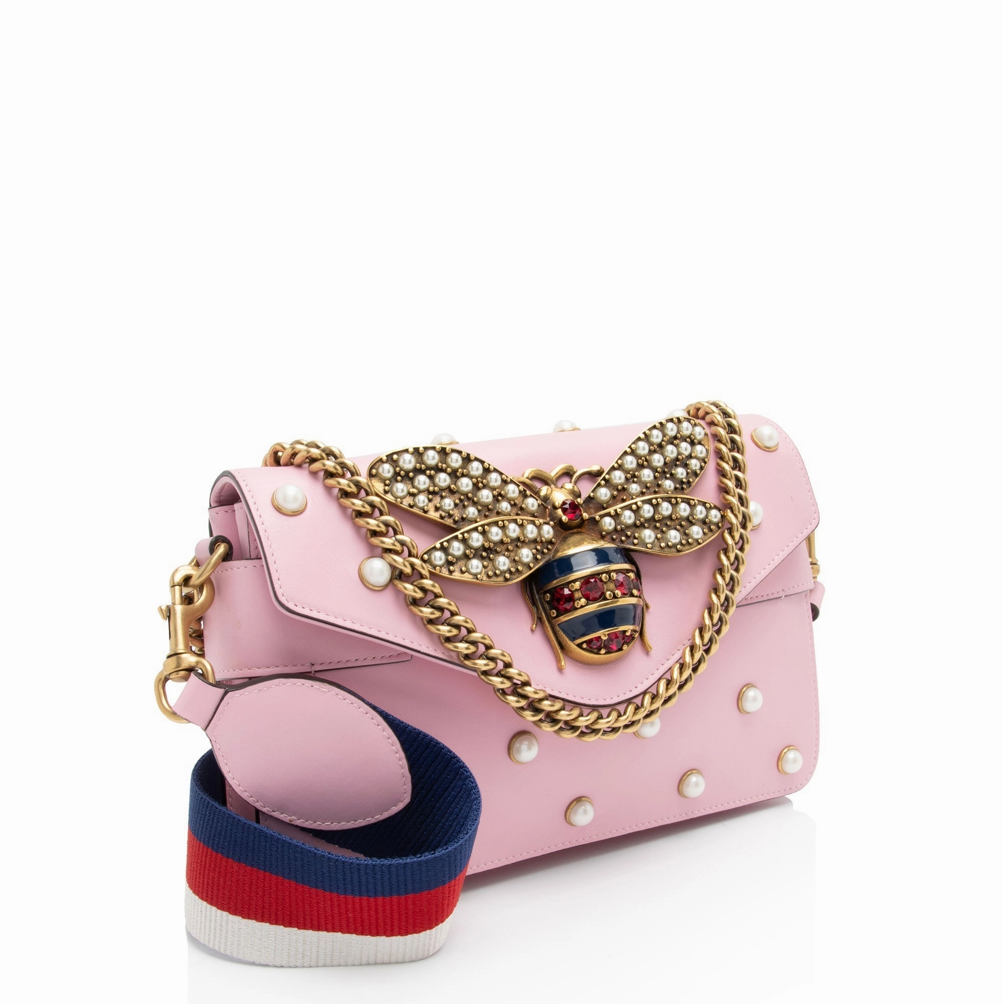 Gucci Calfskin Pearl Bee Broadway Mini Shoulder Bag (SHF-11dMr1)