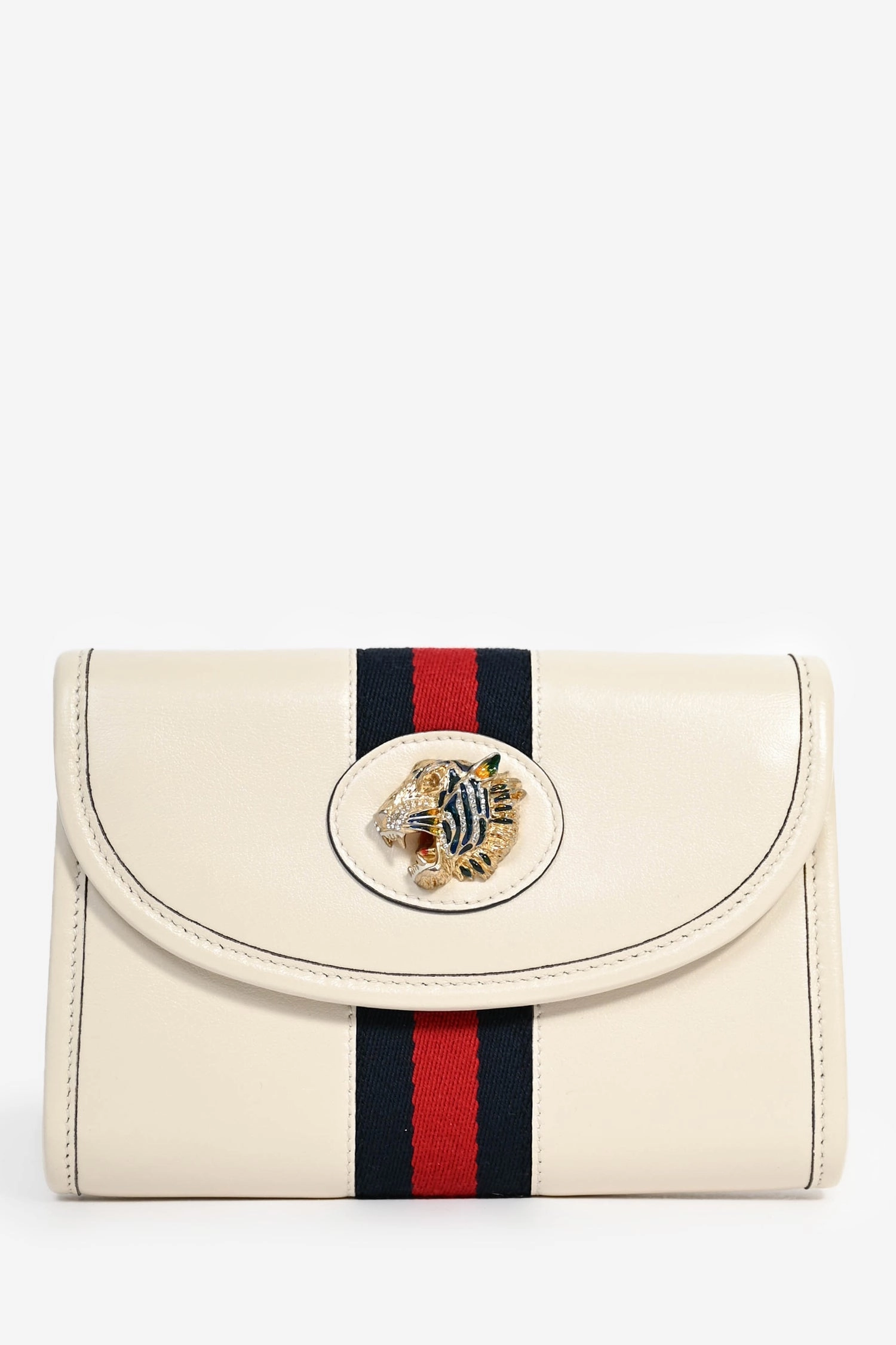 Gucci Cream Leather Web Mini Rajah Clutch with Chain