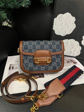 Gucci Denim Horsebit Crossbody Bag Blue