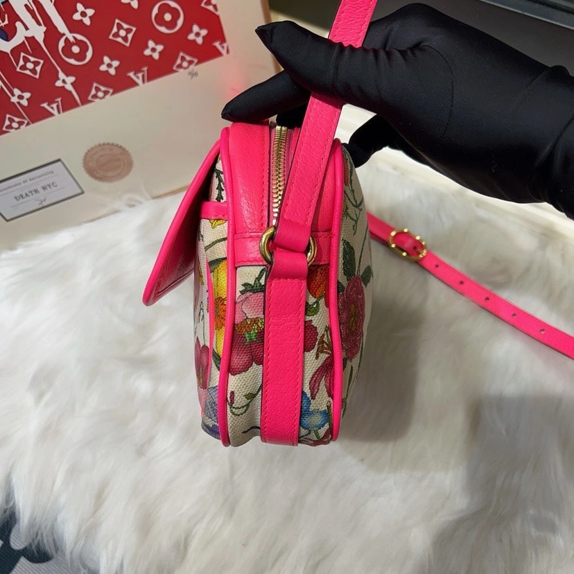 Gucci Floral Canvas Pink Leather Crossbody Bag Medium