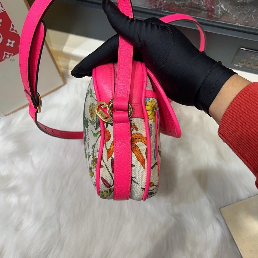 Gucci Floral Canvas Pink Leather Crossbody Bag Medium