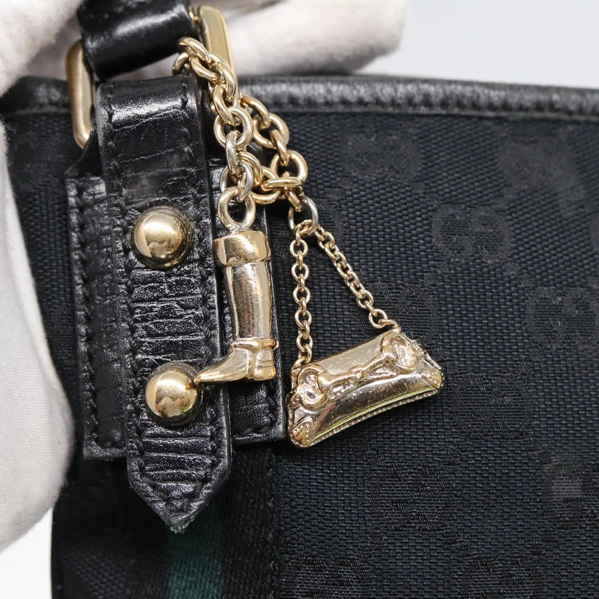 GUCCI GG Canvas Sherry Line Shoulder Bag Black Gold Green 144388  85991