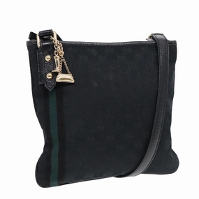 GUCCI GG Canvas Sherry Line Shoulder Bag Black Gold Green 144388  85991