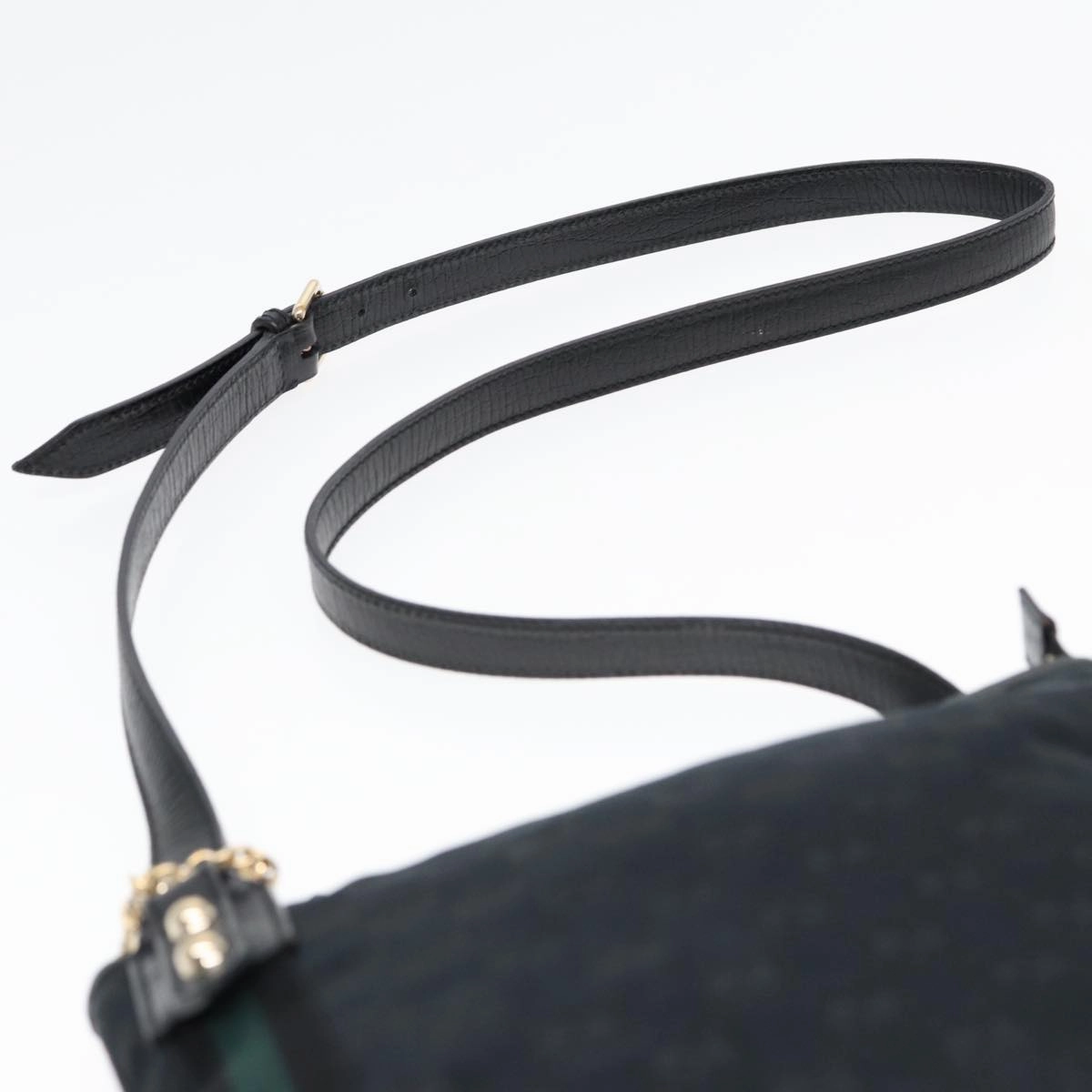 GUCCI GG Canvas Sherry Line Shoulder Bag Black Gold Green 144388  85991