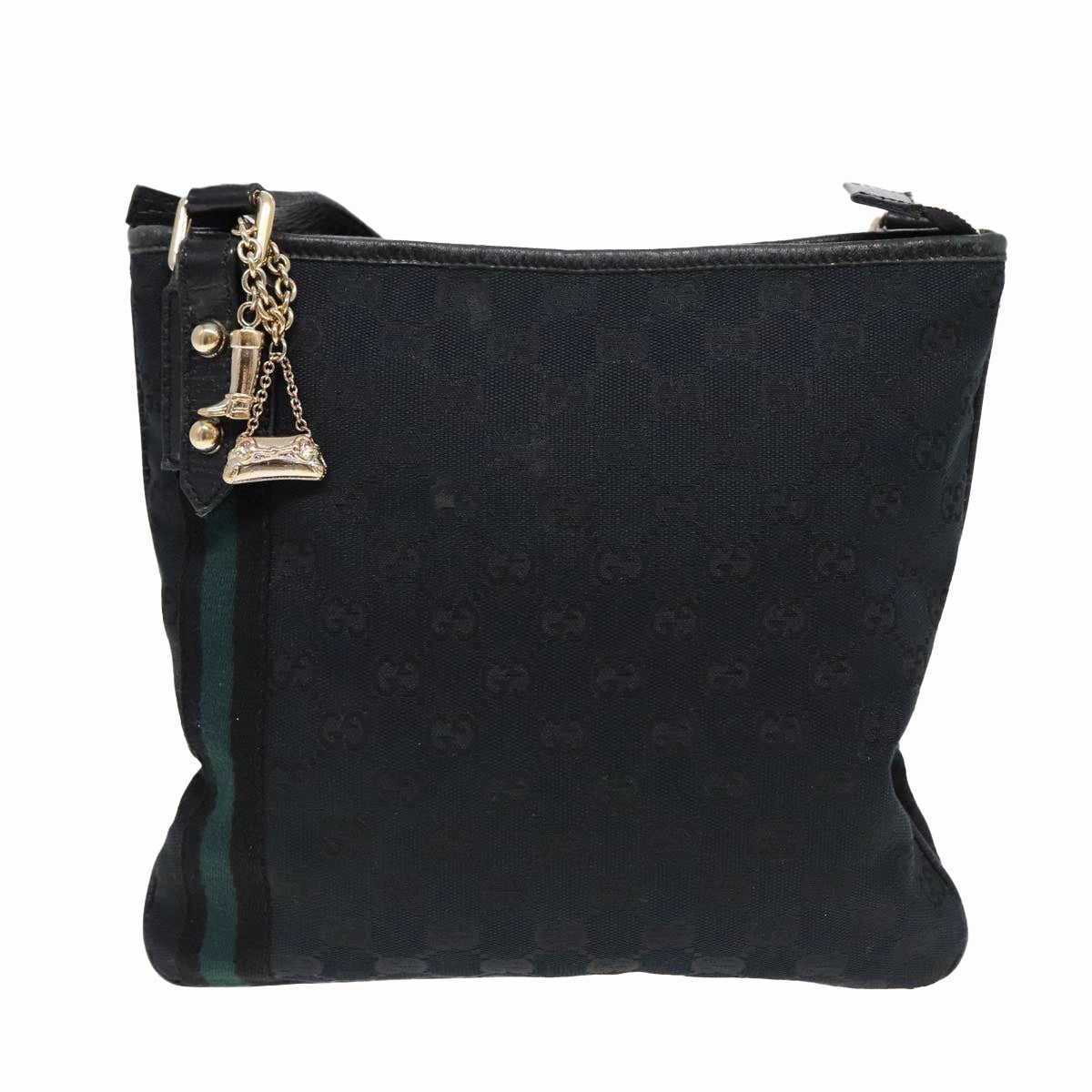 GUCCI GG Canvas Sherry Line Shoulder Bag Black Gold Green 144388  85991