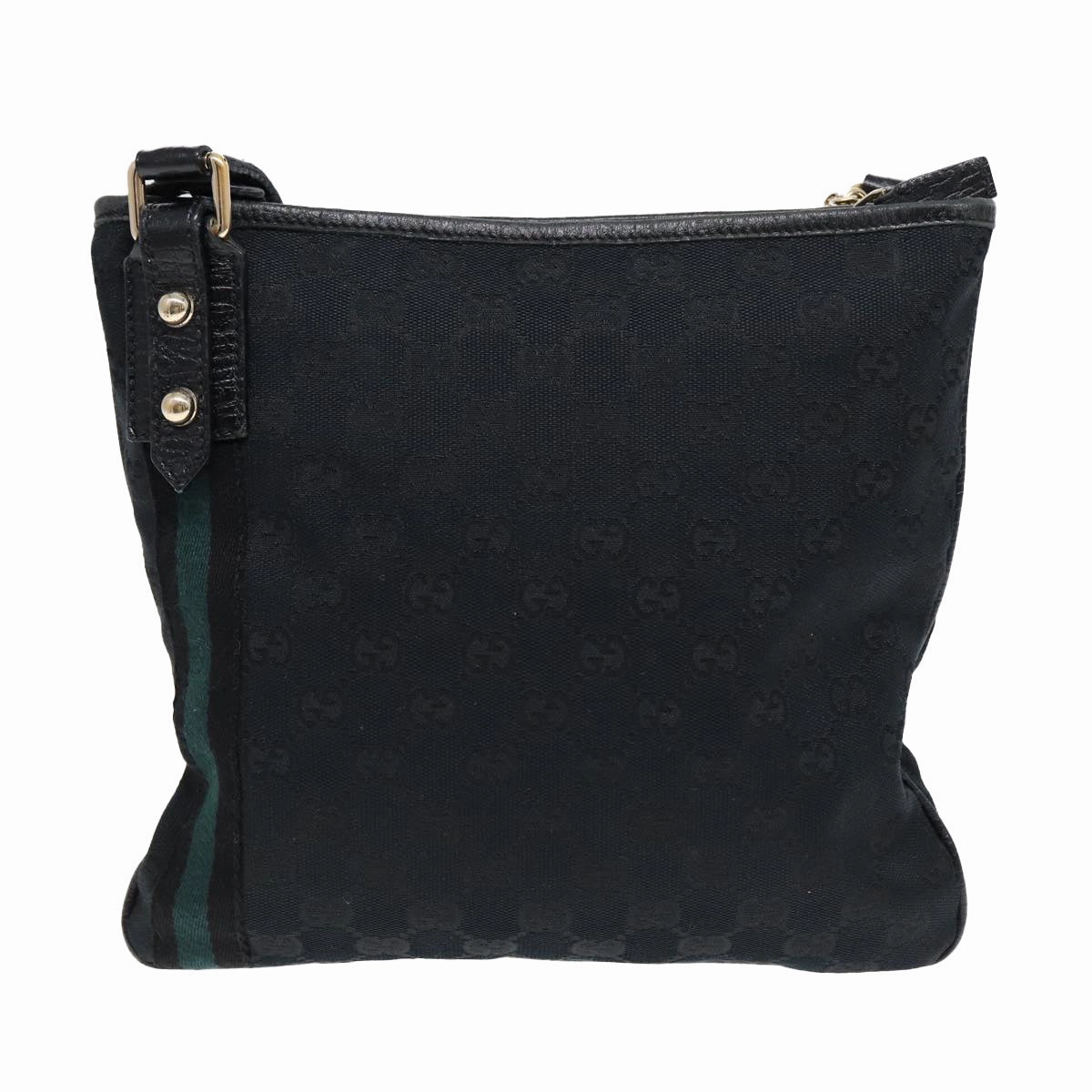 GUCCI GG Canvas Sherry Line Shoulder Bag Black Gold Green 144388  85991