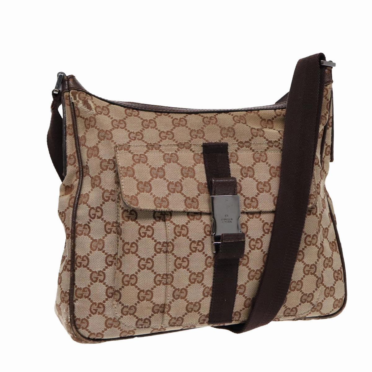 GUCCI GG Canvas Shoulder Bag Beige Brown Silver 131211  86557
