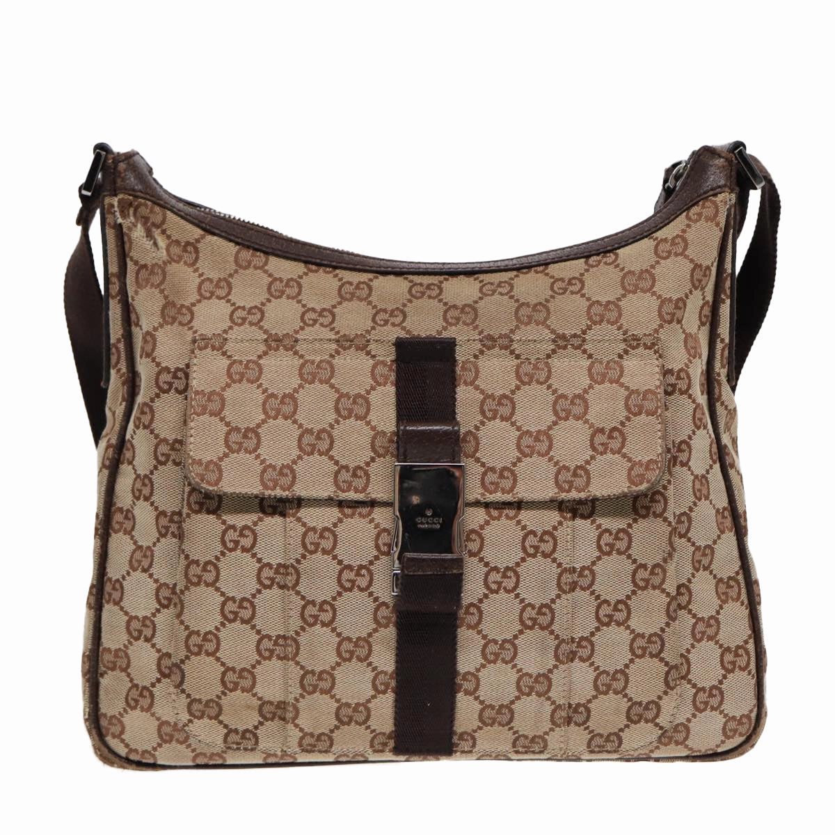 GUCCI GG Canvas Shoulder Bag Beige Brown Silver 131211  86557