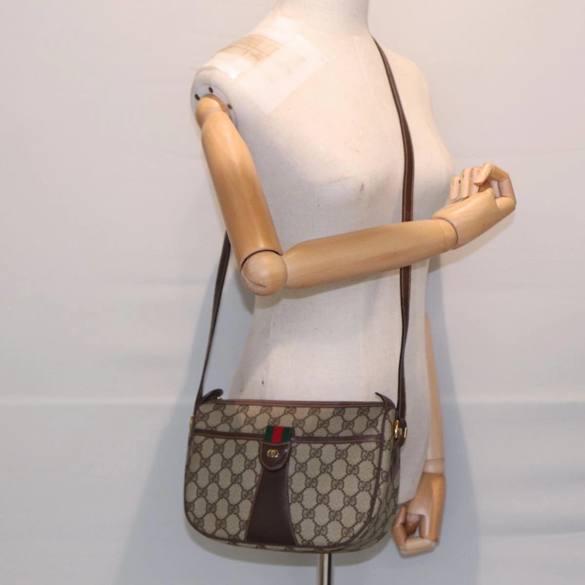 GUCCI GG Canvas Web Sherry Line Shoulder Bag PVC Beige Green Red  ep5156