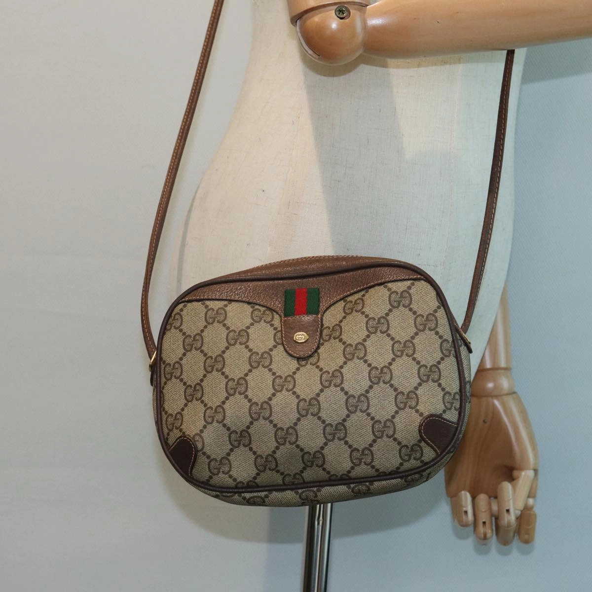 GUCCI GG Canvas Web Sherry Line Shoulder Bag PVC Leather Beige  83133