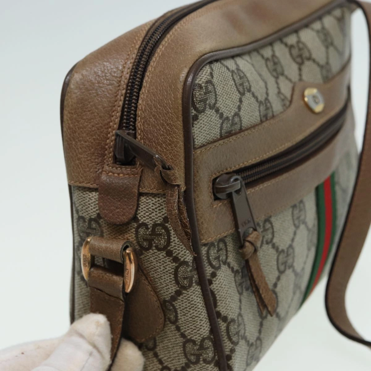 GUCCI GG Canvas Web Sherry Line Shoulder Bag PVC Leather Beige  83134
