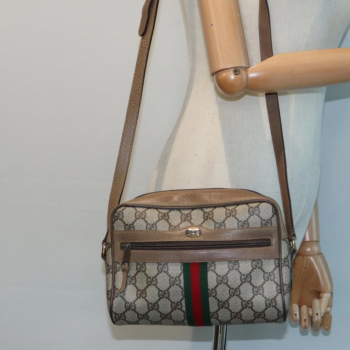 GUCCI GG Canvas Web Sherry Line Shoulder Bag PVC Leather Beige  83134