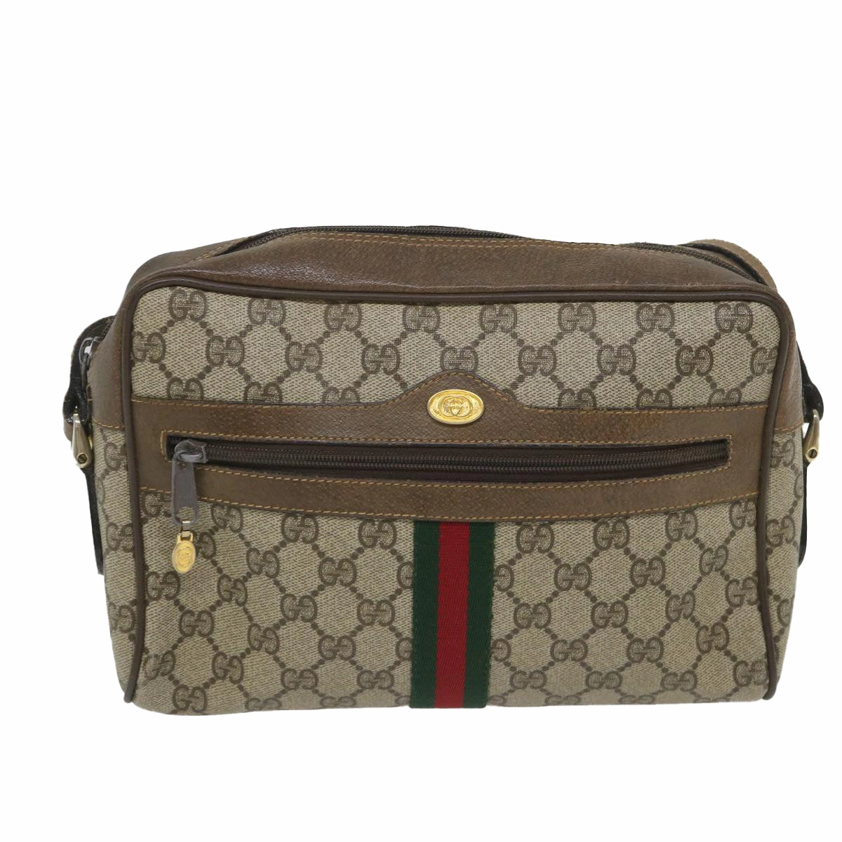 GUCCI GG Canvas Web Sherry Line Shoulder Bag PVC Leather Beige Green  57258