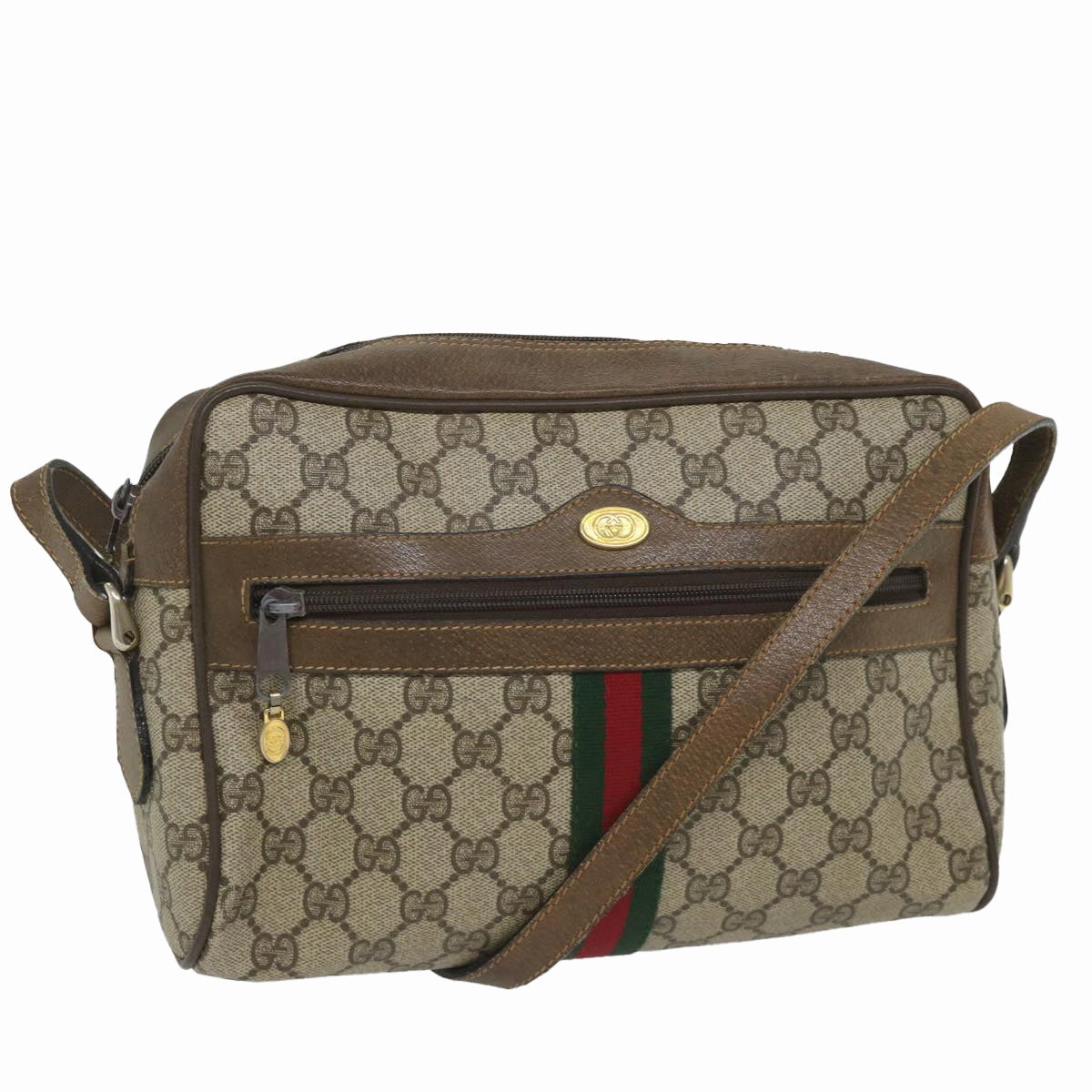 GUCCI GG Canvas Web Sherry Line Shoulder Bag PVC Leather Beige Green  57258