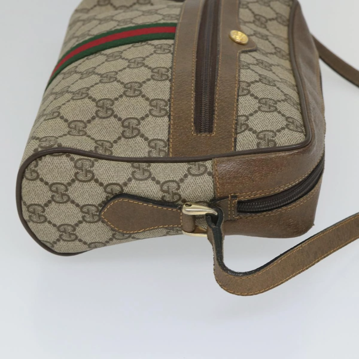 GUCCI GG Canvas Web Sherry Line Shoulder Bag PVC Leather Beige Green  57258