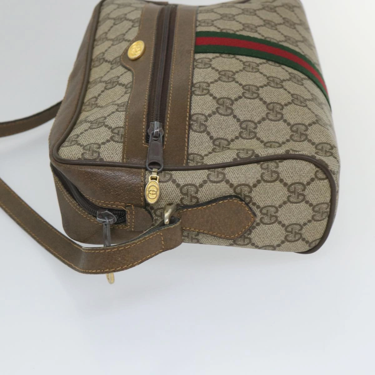 GUCCI GG Canvas Web Sherry Line Shoulder Bag PVC Leather Beige Green  57258