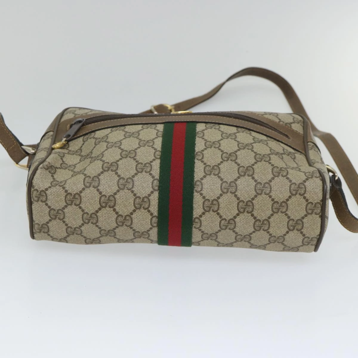 GUCCI GG Canvas Web Sherry Line Shoulder Bag PVC Leather Beige Green  57258