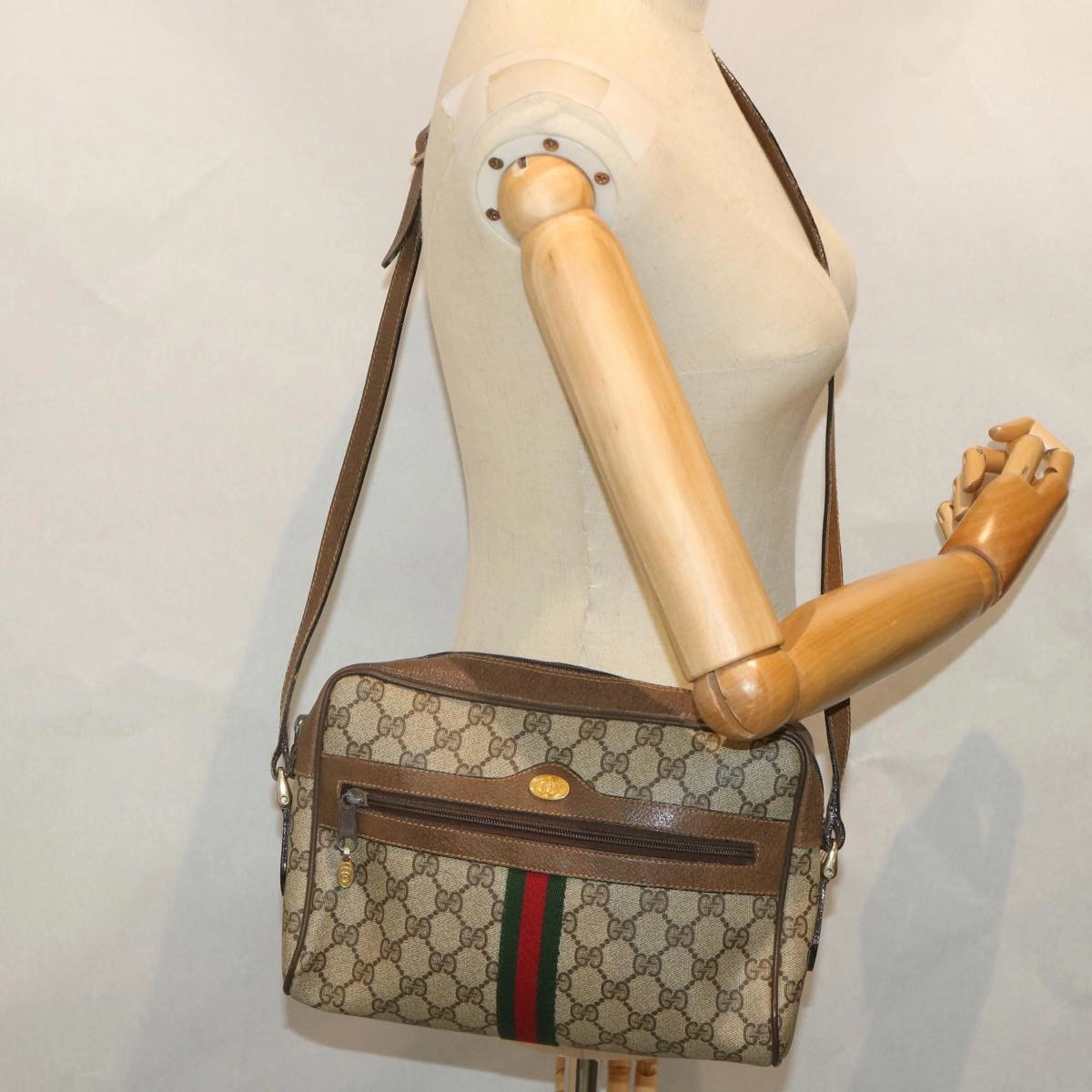 GUCCI GG Canvas Web Sherry Line Shoulder Bag PVC Leather Beige Green  57258