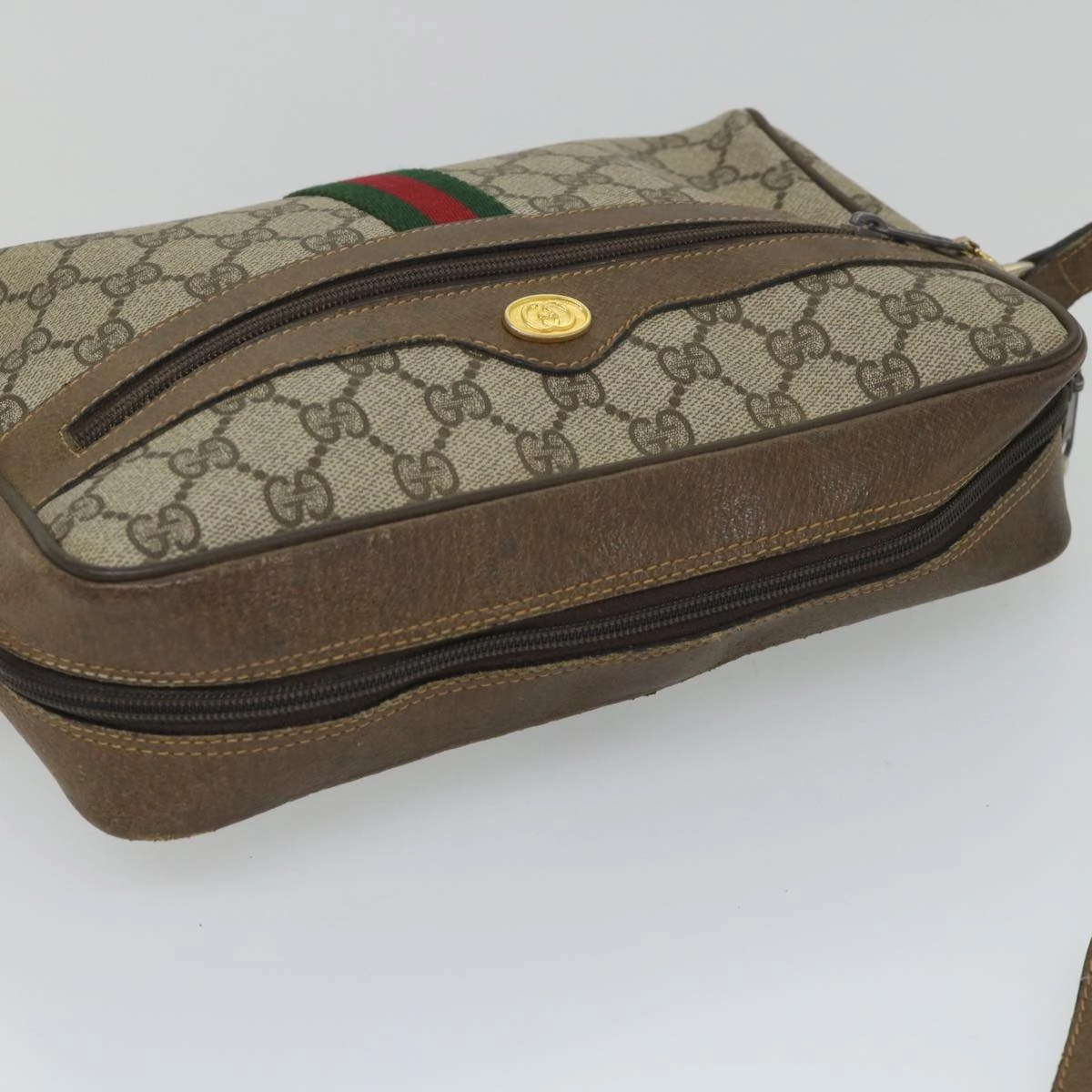GUCCI GG Canvas Web Sherry Line Shoulder Bag PVC Leather Beige Green  57258