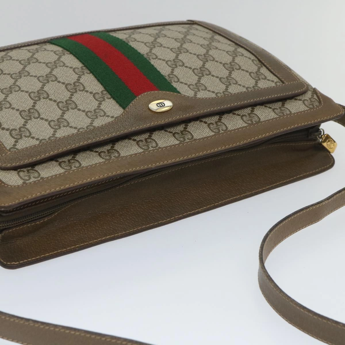 GUCCI GG Canvas Web Sherry Line Shoulder Bag PVC Leather Beige Green  57265