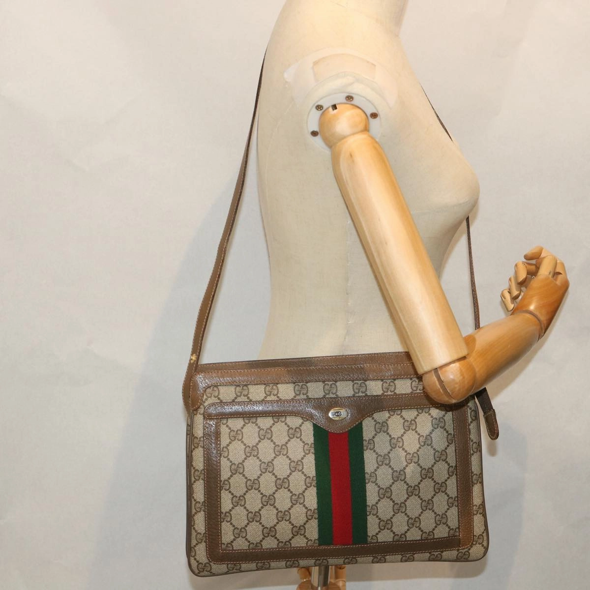 GUCCI GG Canvas Web Sherry Line Shoulder Bag PVC Leather Beige Green  57265