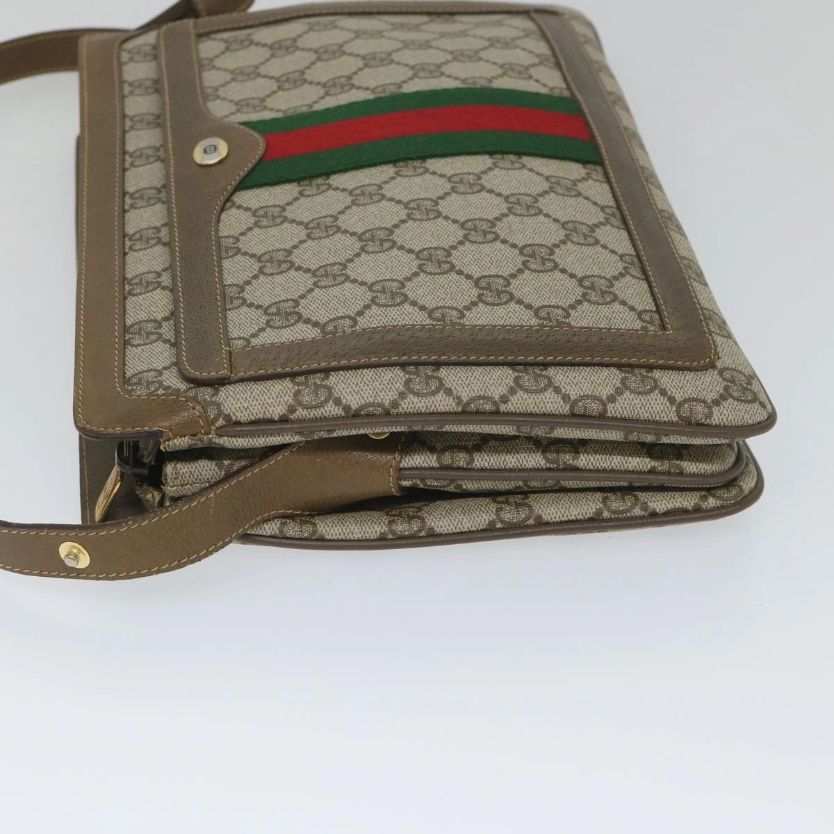 GUCCI GG Canvas Web Sherry Line Shoulder Bag PVC Leather Beige Green  57265
