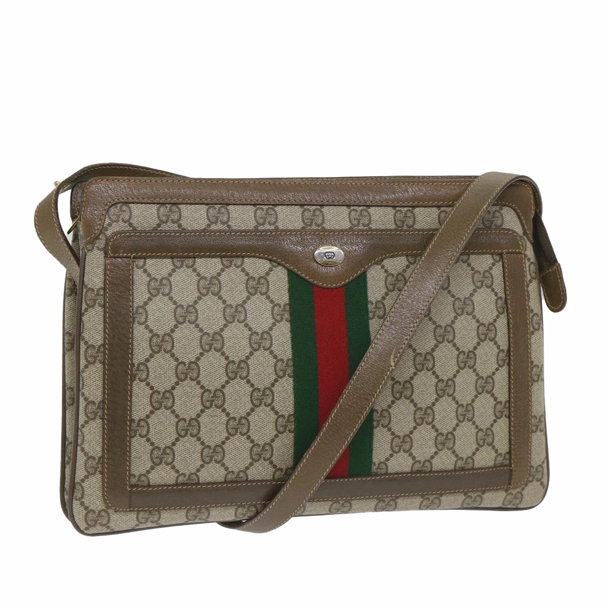 GUCCI GG Canvas Web Sherry Line Shoulder Bag PVC Leather Beige Green  57265