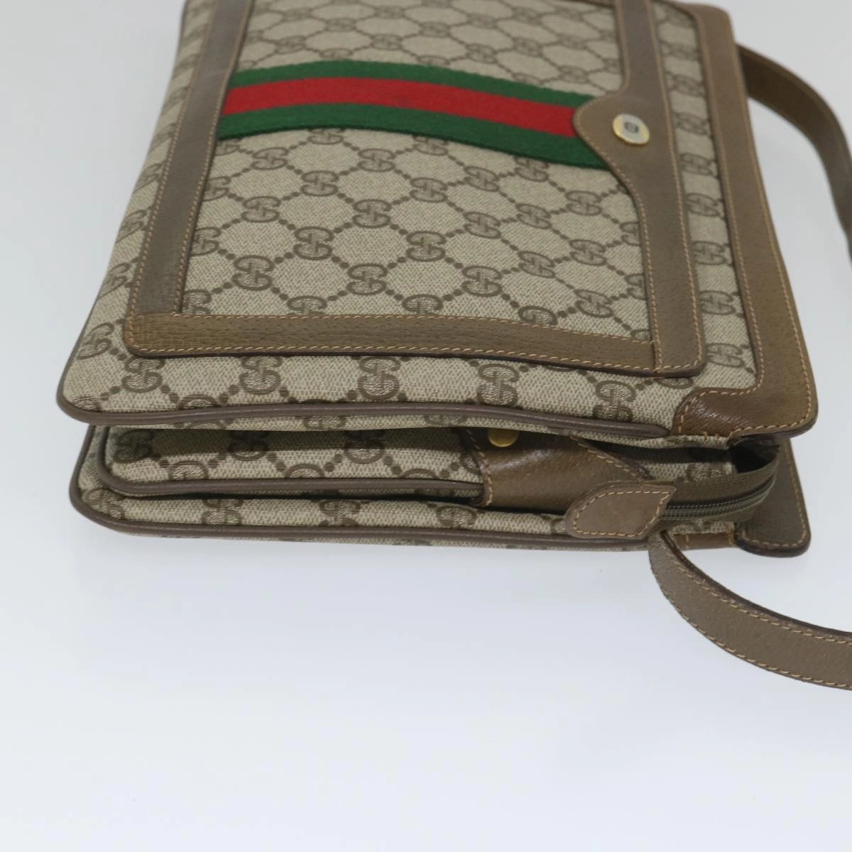 GUCCI GG Canvas Web Sherry Line Shoulder Bag PVC Leather Beige Green  57265