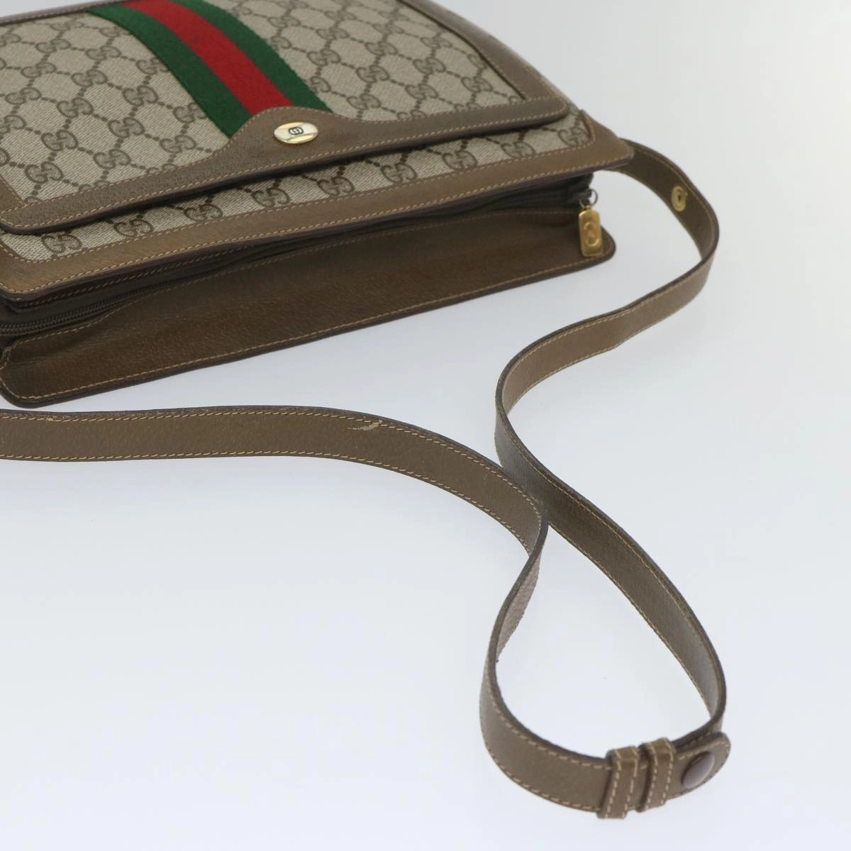 GUCCI GG Canvas Web Sherry Line Shoulder Bag PVC Leather Beige Green  57265