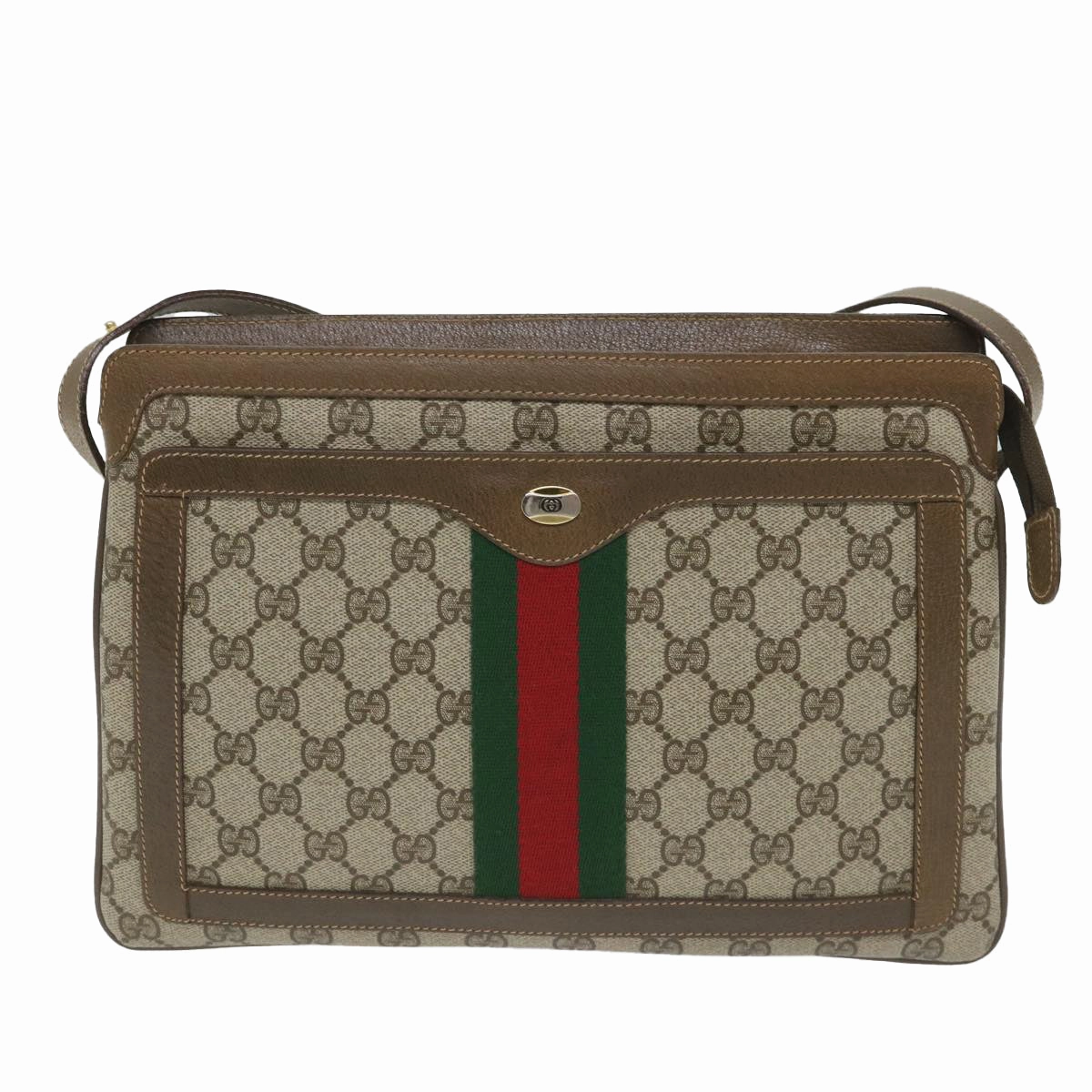 GUCCI GG Canvas Web Sherry Line Shoulder Bag PVC Leather Beige Green  57265