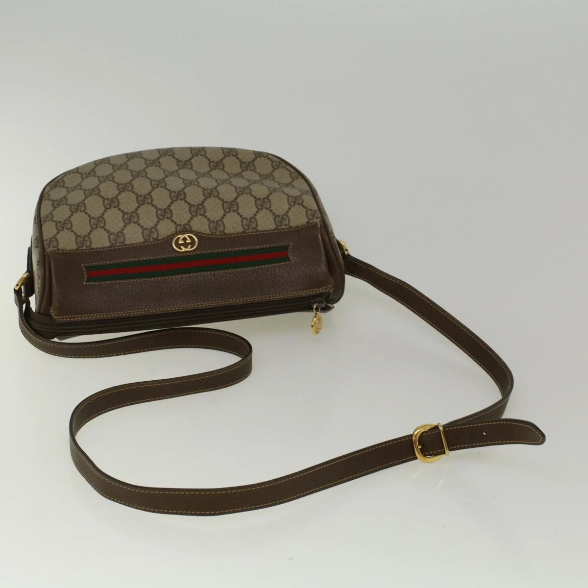 GUCCI GG Canvas Web Sherry Line Shoulder Bag PVC Leather Beige Green  57284