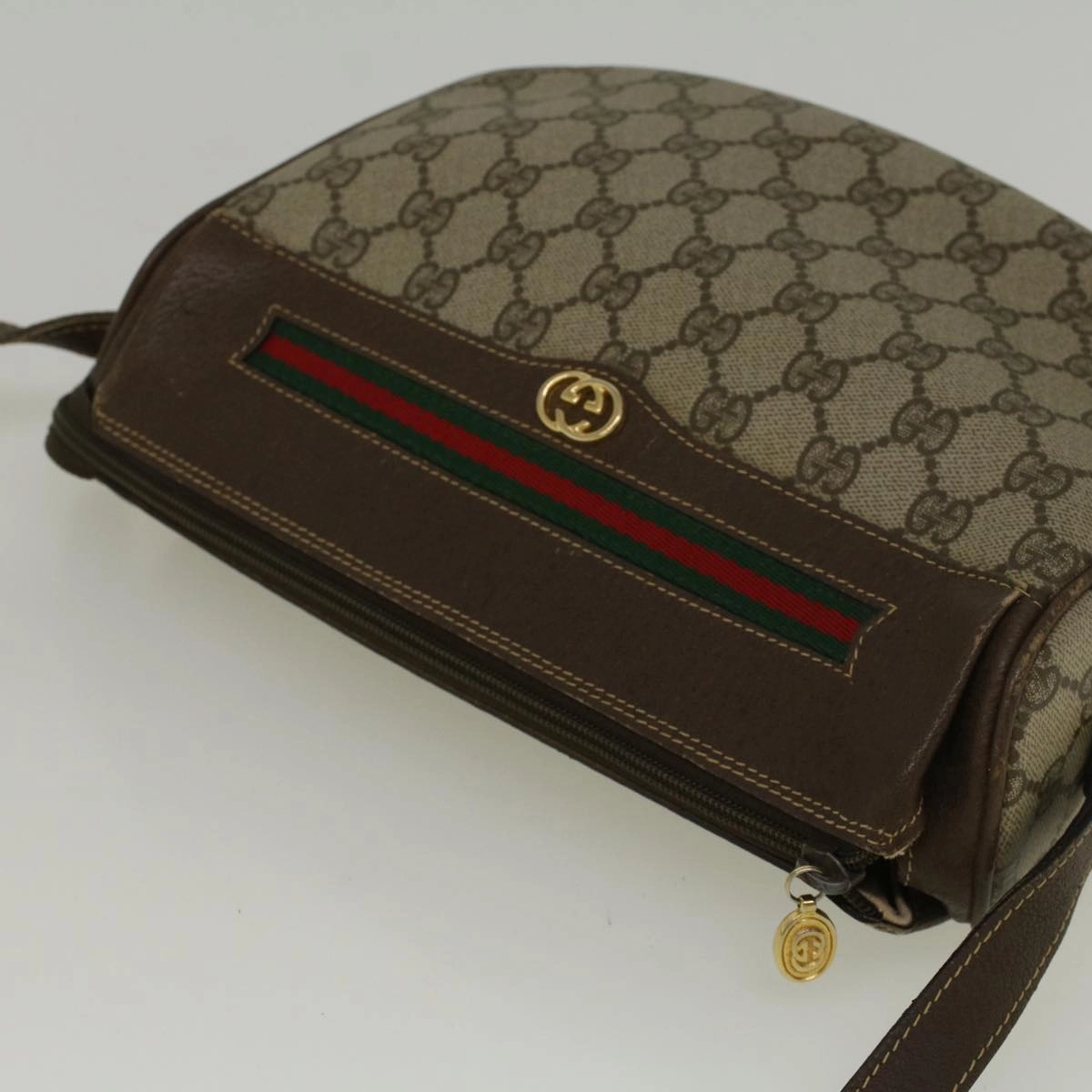 GUCCI GG Canvas Web Sherry Line Shoulder Bag PVC Leather Beige Green  57284