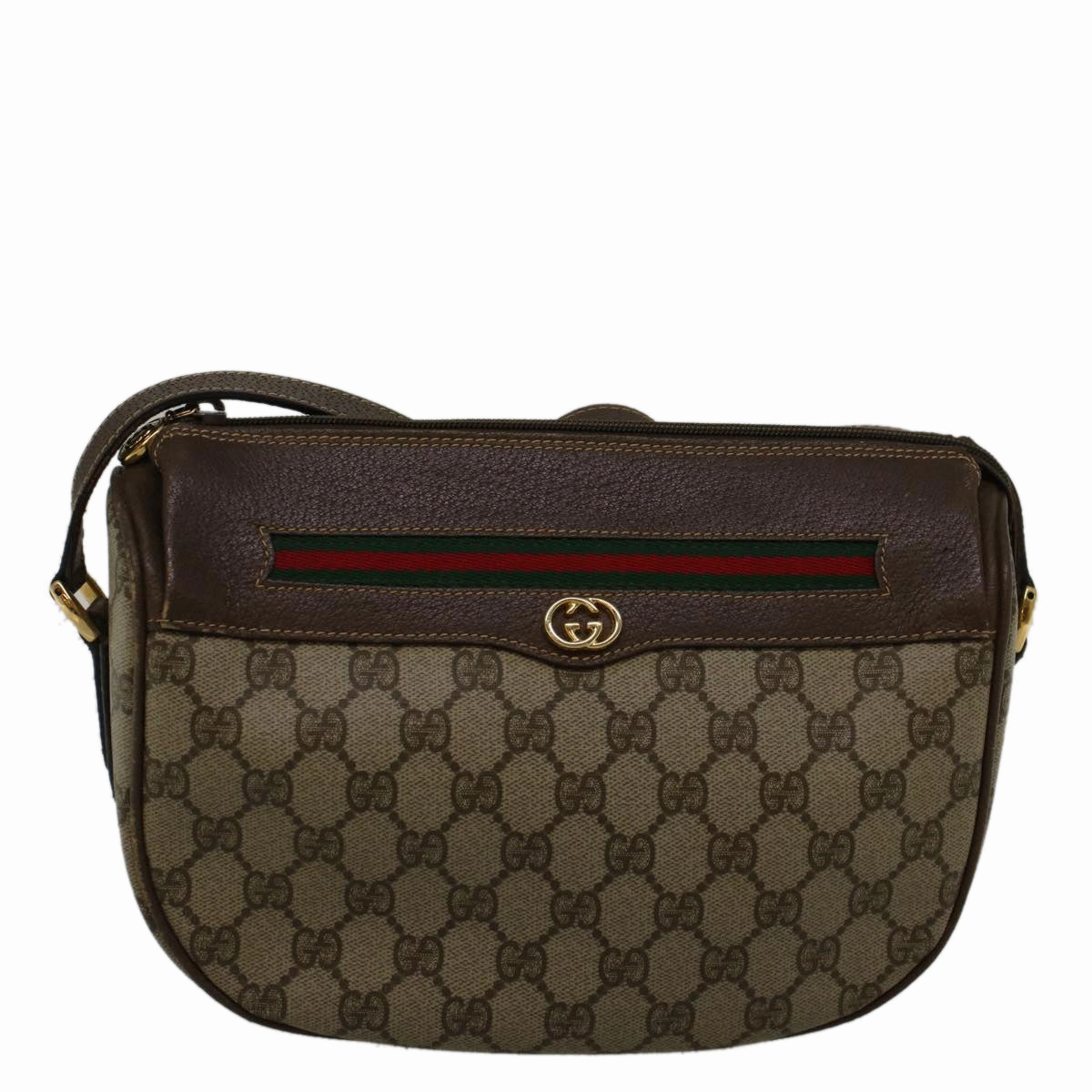 GUCCI GG Canvas Web Sherry Line Shoulder Bag PVC Leather Beige Green  57284