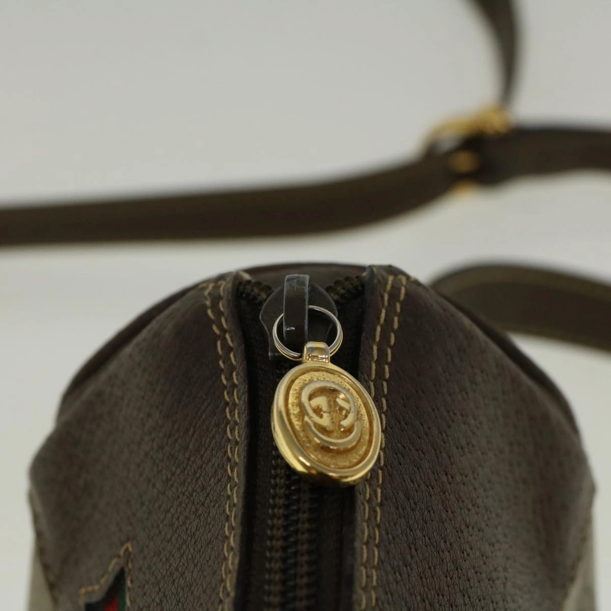 GUCCI GG Canvas Web Sherry Line Shoulder Bag PVC Leather Beige Green  57284